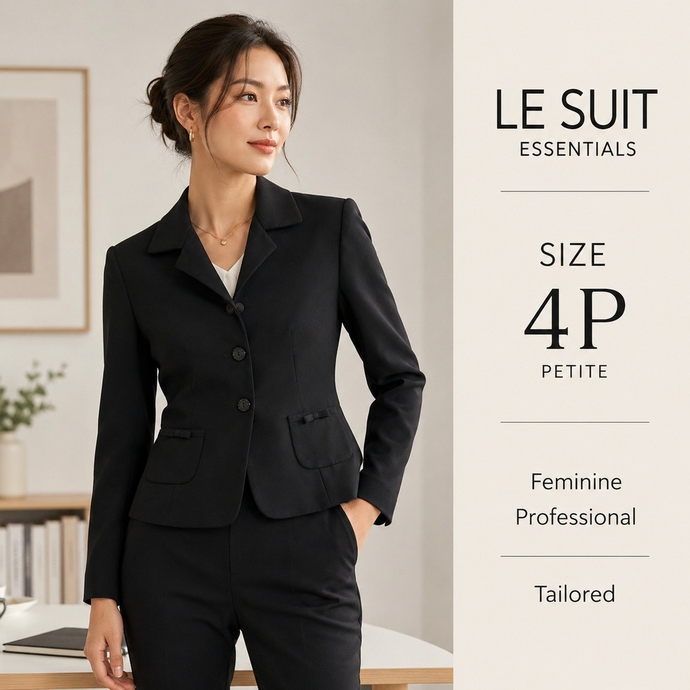Le Suit Blazer Womens 4P Black Tailored Fit Career Officecore Bow Pockets Modest
